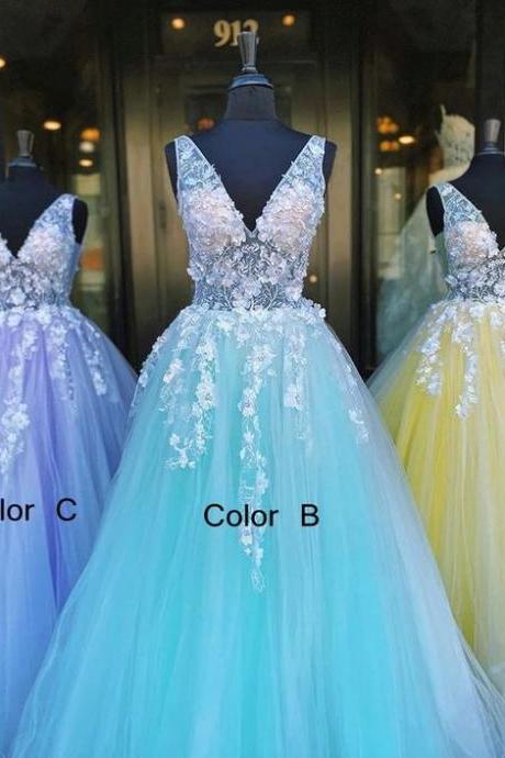 2021 V-neck Ball Gown Long Prom Dresses With Appliques And Beading Fashion Formal Dress M1187