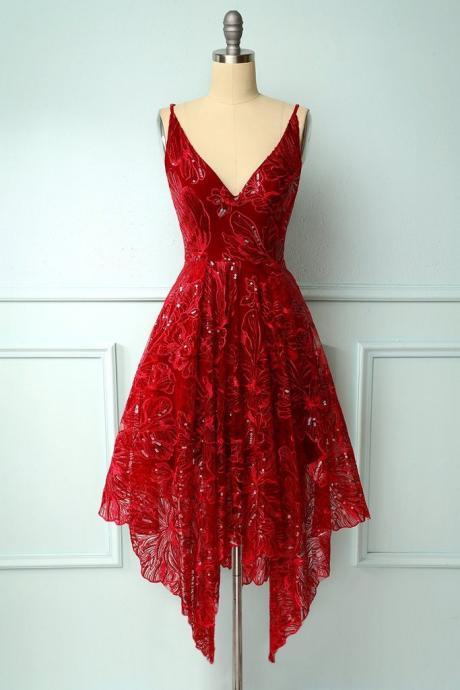 Burgundy Lace Sequin V Neck Short Prom Dress, Homecoming Dress, Bridesmaid Dresses M1190