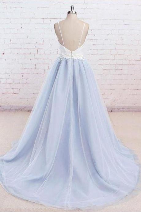 Spaghetti Straps Sweep Train Backless Light Blue Tulle Prom Dress M1191