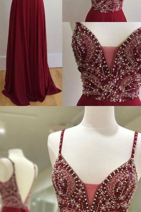 Long Beads Prom Gowns Celebrity Dresses Wedding Party Dresses Spaghetti Straps M1193