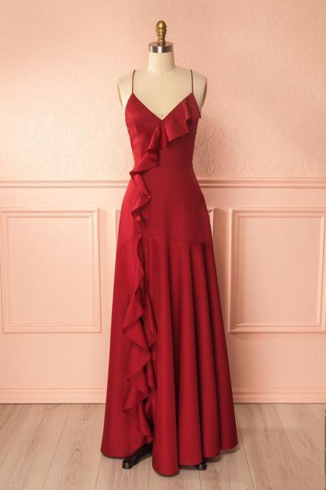 Custom Made Red Cami V-neck Ruffled A-line Long Evening Dress, Prom Dresses, Formal Dress, Wedding Dress M1194