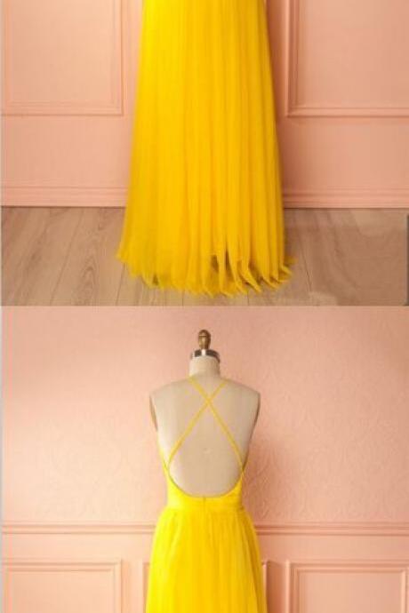 Sexy Yellow Chiffon Prom Dress, Sleeveless Open Back Long Evening Dress M1196