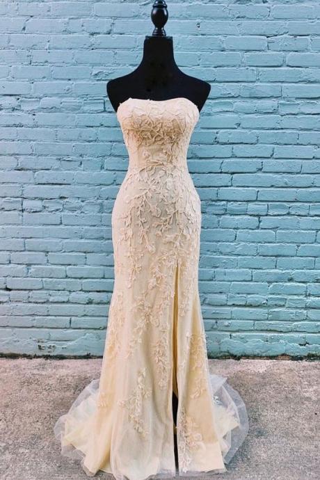 Classy Gold Lace Appliques Long Strapless Prom Dress With Side Slit M1197