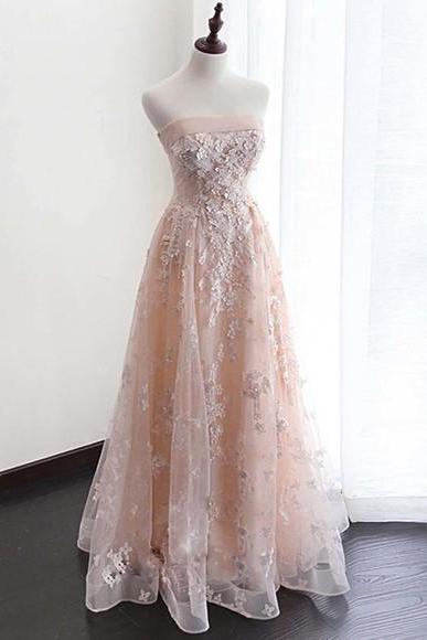 Pink Tulle Strapless Lace Long A Line Prom Dress, Evening Dress M1198