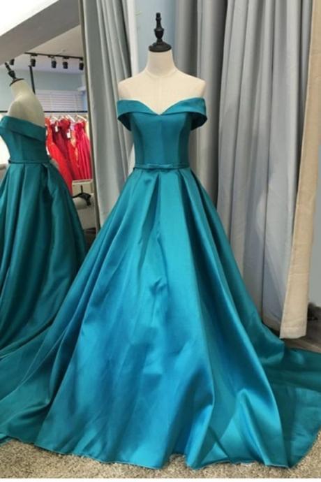 Blue Satin Off Shoulder Long Evening Dress, Prom Dress With Sleeve M1200