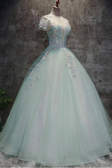 Wonderful Tulle Jewel Neckline Short Sleeves Ball Gown Prom Dress With Beaded Lace Appliques M1201
