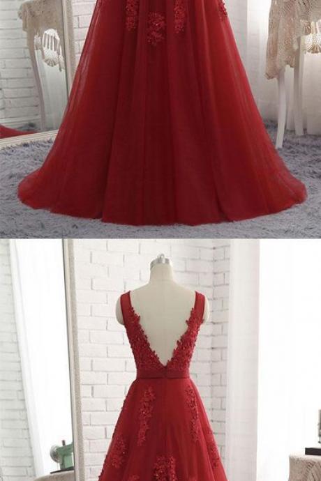 Formal Gowns, Wine Red Tull V-neckline Evening Gowns M1209