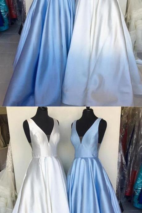 Pretty Satin Prom Long Dress V-neck Formal Ball Gowns For Evening Party M1210