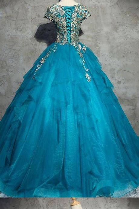 Ball Gown Prom Dress Appliques Floor-length Short Sleeve Prom Dress/evening Dress M1214