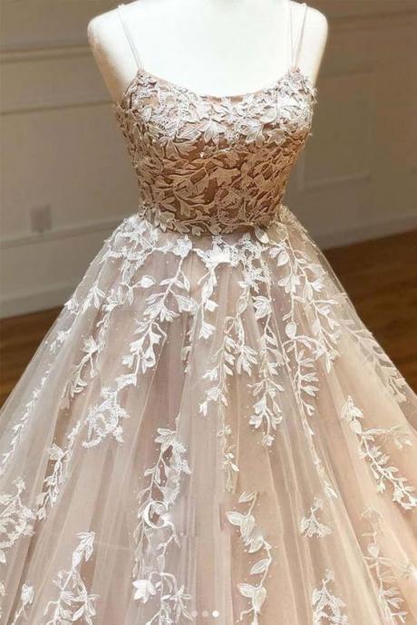 Ball Gown Tulle Scoop Appliqued Lace Long Prom Dress Evening Dress m1217