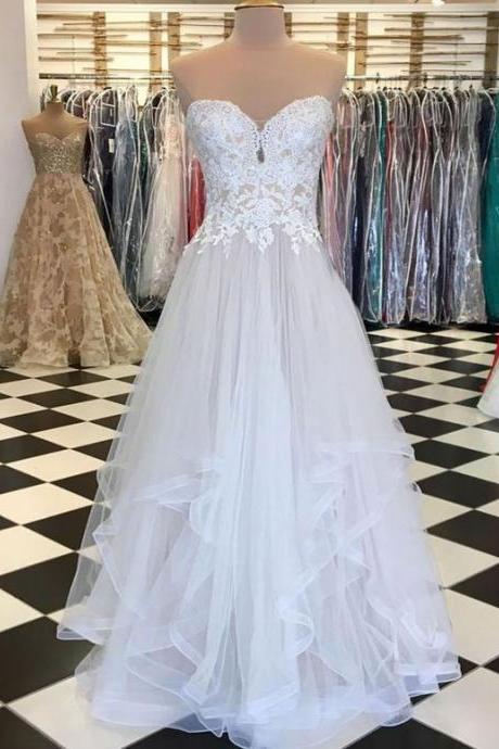 Sweetheart Neck White Tulle Long Ruffles Prom Dress With White Lace M1222