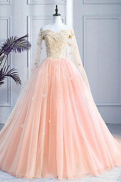 Pink Off Shoulder Tulle With Flowers Ball Gown Sweet 16 Dress, Pink Quinceanera Dress M1224