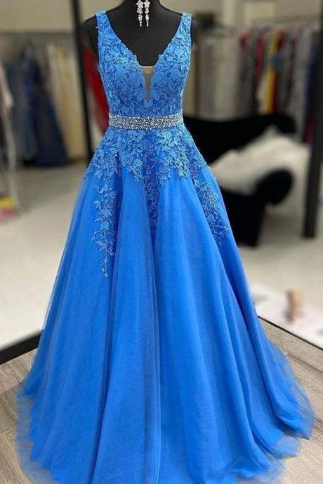 Beautiful Blue Tulle Long Party Dress 2021, Sweet 16 Dress M1234