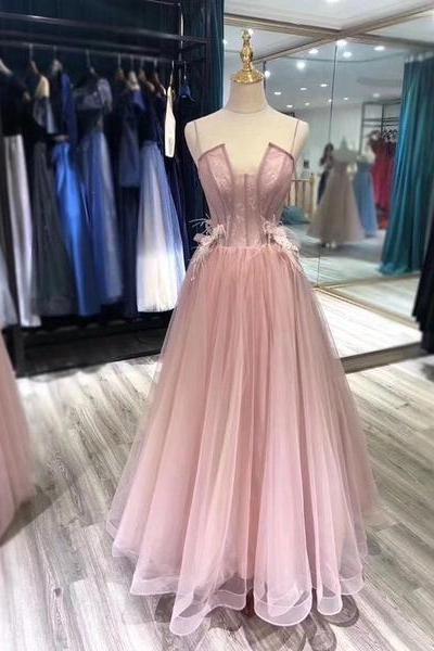 Charming Tulle Straps Long Formal Gown, Pink Elegant Party Dress M1239