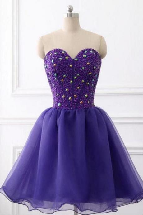 Dark Purple Sweetheart Organza Knee Length Beaded Formal Dress, Purple Prom Dresses M1241