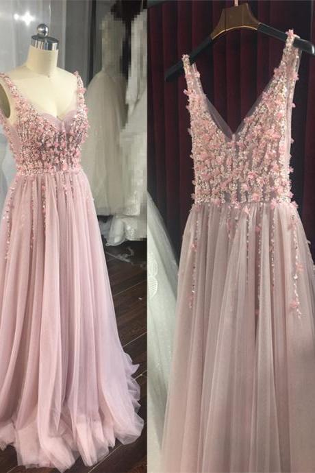 Charming Pink Flower And Beaded Backless Gown, High Quality Formal Dress M1244