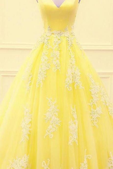 Elegant Yellow Tulle Prom Dresses Lace Appliques V Neck Off The Shoulder M1247