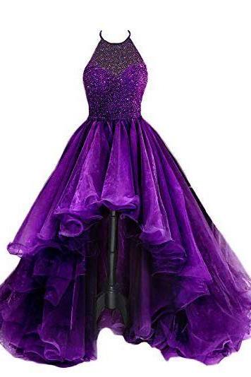 Organza With Beaded Bodice Halter High Low Prom Dress,pageant Dress M1257