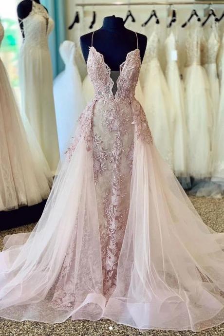 Amazing Spaghetti Straps Long Pink Sheath Wedding Dresses With Appliques M1277
