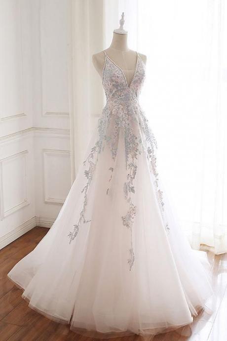 White V Neck Tulle Lace Prom Dresses,backless Long Evening Dress,white Formal Dress M1281