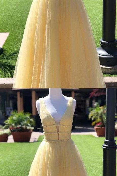 Chic Yellow Tulle Prom Dress Vintage African Long Prom Dress M1287