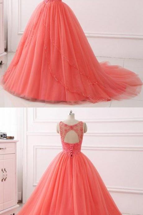 Coral Tulle Layered Long Quinceanera Dress, Beaded Formal Prom Dress M1292