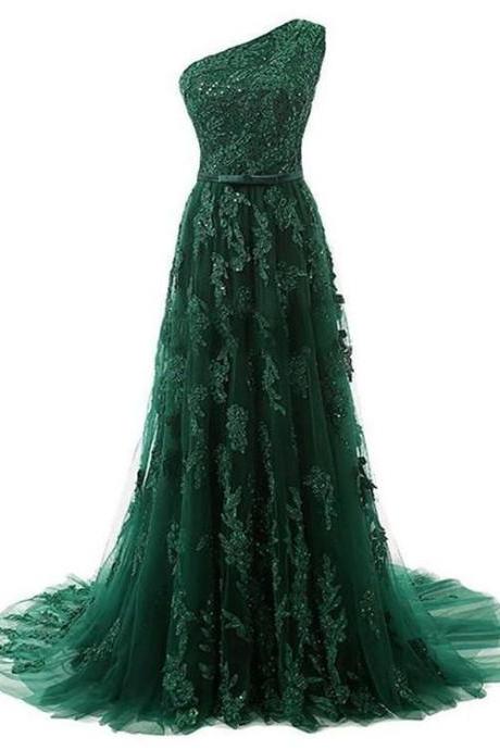 A-line One-shoulder Sweep Train Dark Green Tulle Prom Dress With Appliques Beading M1296