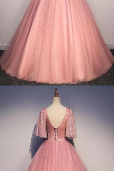 Pink Mid Sleeve Embroidery Lace Pearl Formal Prom Dress, Lace Up Evening Dress M1299