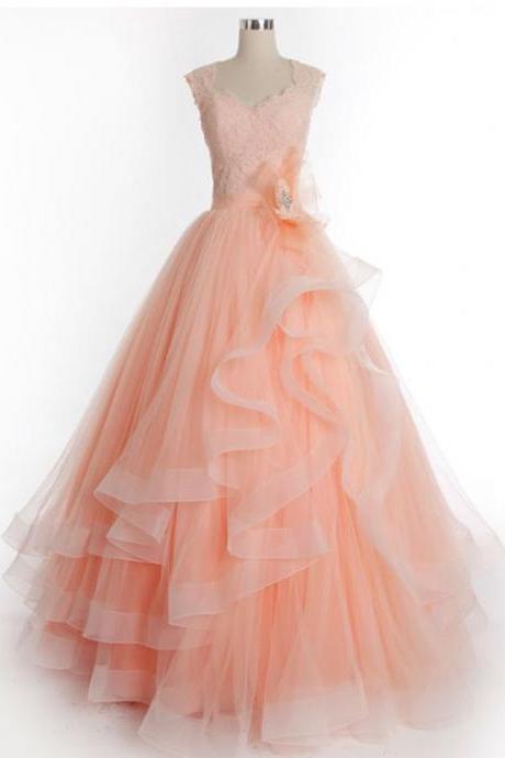 Peach Lace Princess Prom Formal Dress With Cap Sleeves M1303