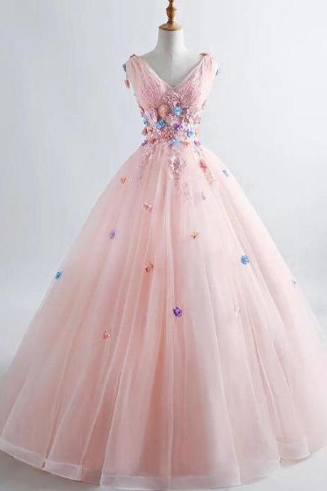 Pink Princess Blush Ball Gown 3d Floral Applique V-neck Boho Prom Quinceanera Dress M1306