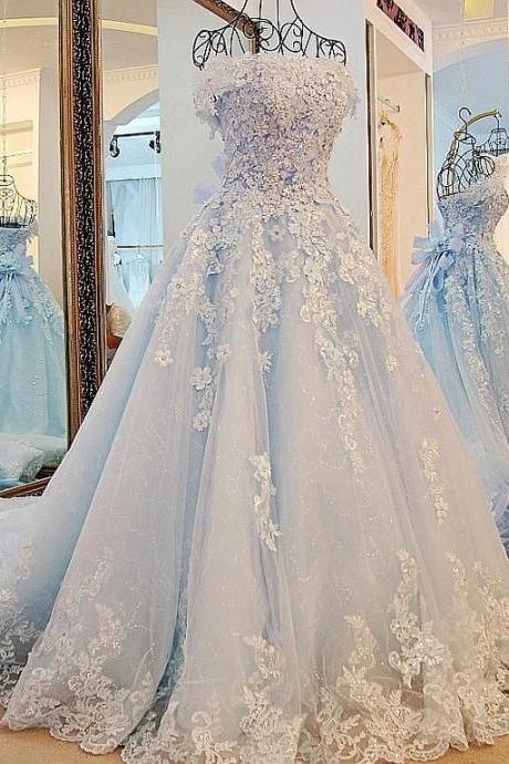 Tulle Off-the-shoulder Neckline Ball Gown Wedding Dresses With Lace Appliques M1310