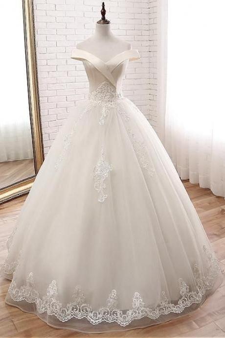 Delicatetulle Off-the-shoulder Neckline Ball Gown Wedding Dress With Beaded Lace Appliques Prom Dresses M1314