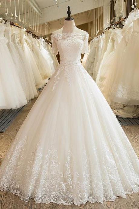 Charming A-line Short Sleeve Tulle Lace Appliques Vintage Boho Wedding Dress M1322