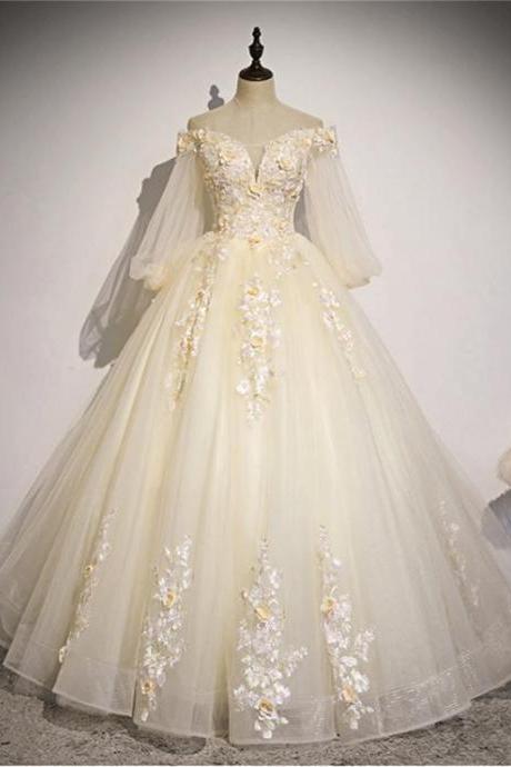 Quinceanera Dress Puffy Prom Dress Cream Yellow Tulle Masquerade Prom Dress 3d Flower Lace Appliques M1329