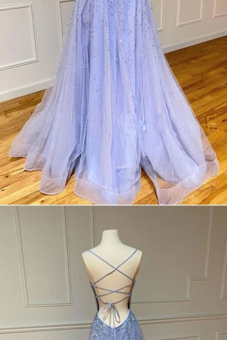 Cute Long Tulle Sequins Prom Dress, Backless Evening Dress M1331