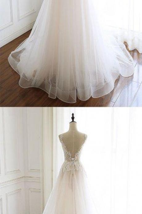 White V Neck Tulle Lace Long Prom Dress, White Tulle Evening Dress M1334