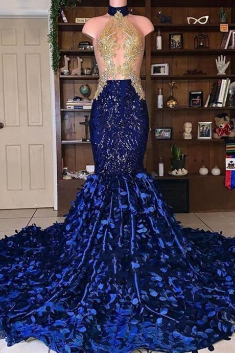 Royal Blue Mermaid Prom Dress African Sexy Beaded See Through Top Petals Evening Gowns M1336