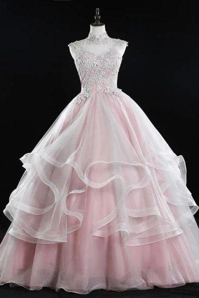Pink High Neck Tulle Lace Long Prom Dress, Pink Sweet 16 Gown M1338