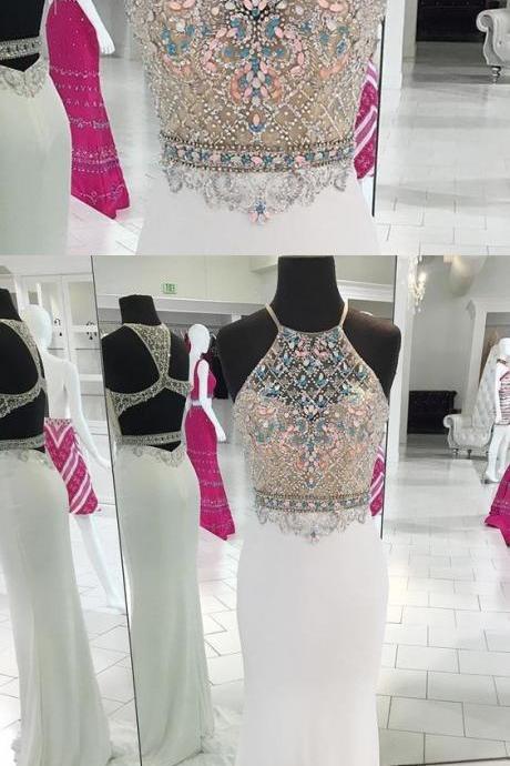 Luxurious White Chiffon Open Back Long Mermaid Colorful Beaded Evening Dress, Long Strapless Party Dress M1343