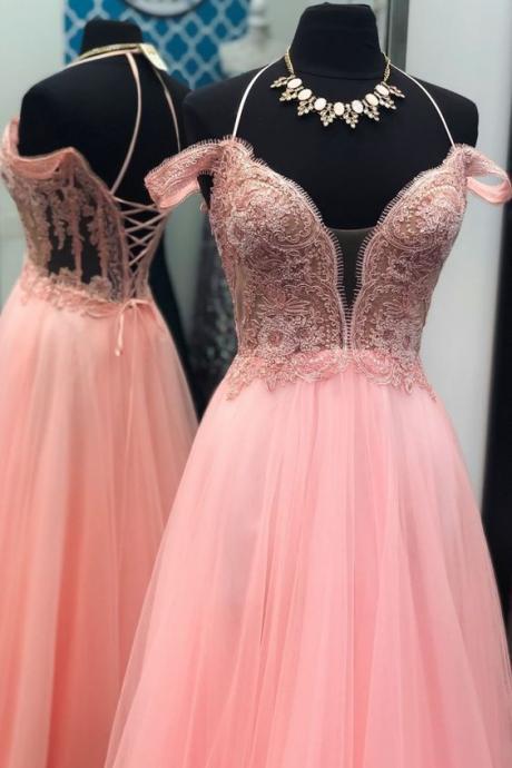 Pink Tulle Lace Prom Dresses Custom Made Formal Evening Gowns ,a Line Backless Evening Gowns .women Gowns M1346