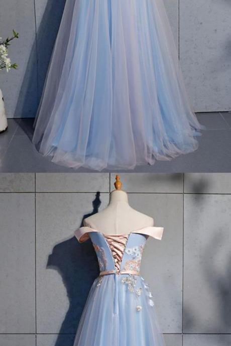 Blue Tulle Strapless Custom Size Long A Line Prom Dress With Applique M1348