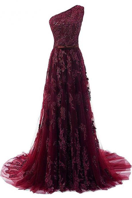 One Shoulder Lace Evening Party Gowns, Burgundy Appliques Formal Prom Dresses Long M1349