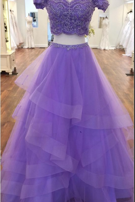 Charming Prom Dress, Sexy Off Shoulder Purple Appliques Tulle Prom Dresses, Two Piece Prom Gown, Long Evening Dress M1351