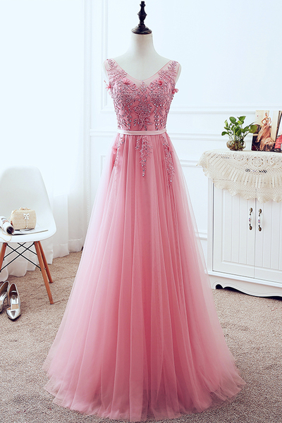 Pink V Neck Long Beaded Lace Up Prom Dress, Halter Bridesmaid Dress M1353