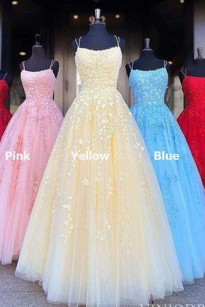 Yellow Tulle Prom Dresses With Appliques M1354