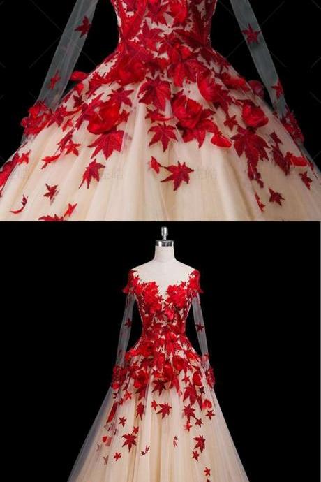 Chic Red Tulle Custom Made Long Puffy Formal Prom Dress, Evening Dress With Flower Applique M1356