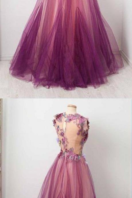 Purple Tulle Spring Flower Lace V Neck Long Evening Dress, Purple Long Senior Prom Dress M1357