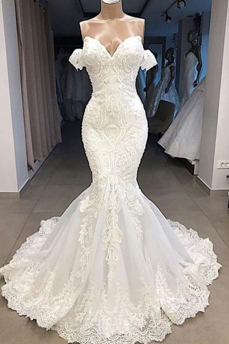 Gorgeous Tulle Off-the-shoulder Neckline Mermaid Wedding Dresses With Beaded Lace Appliques M1358