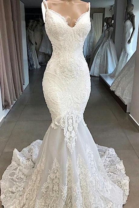 Sexy Mermaid Ivory Long Wedding Dresses With Appliques Spaghetti Strap Women Bridal Gowns Custom Made M1359