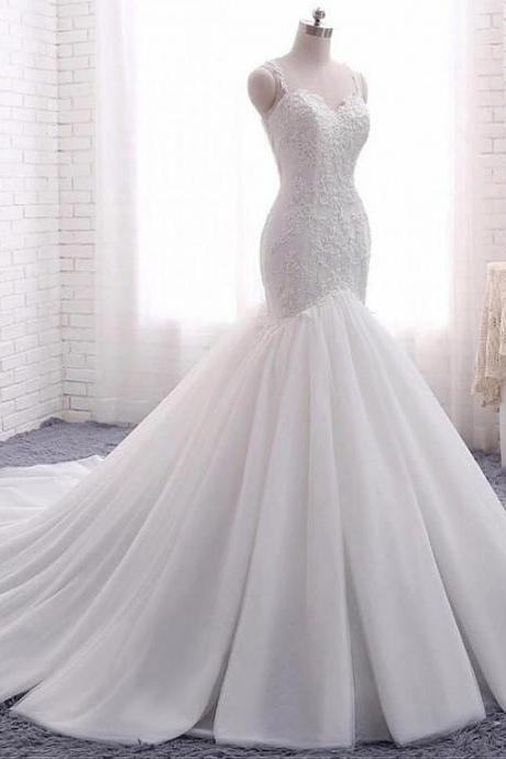 Magbridal Attractive Tulle Spaghetti Straps Neckline Backless Mermaid Wedding Dresses With Beaded Lace Appliques M1360